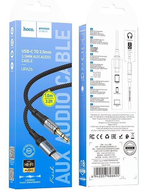 Hoco UPA26 USB-C to 3.5mm Aux Cable — Hi-Fi Audio, 1M Braided